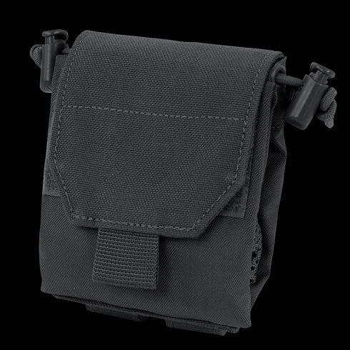 The Condor Micro Dump Pouch in black is compact, designed for tactical use, and features a flap cover, drawstring side closures, and a hook-and-loop front fastener for secure storage.
